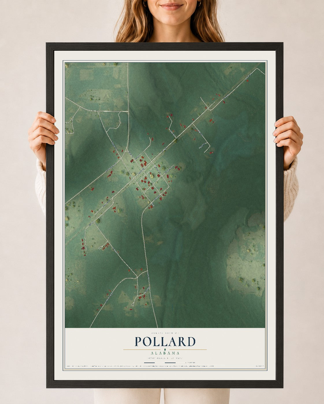 Map of Pollard, Alabama, 24 x 36 inch print in a black wood frame