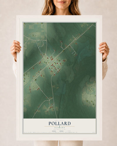 Map of Pollard, Alabama, 24 x 36 inch print in a white wood frame
