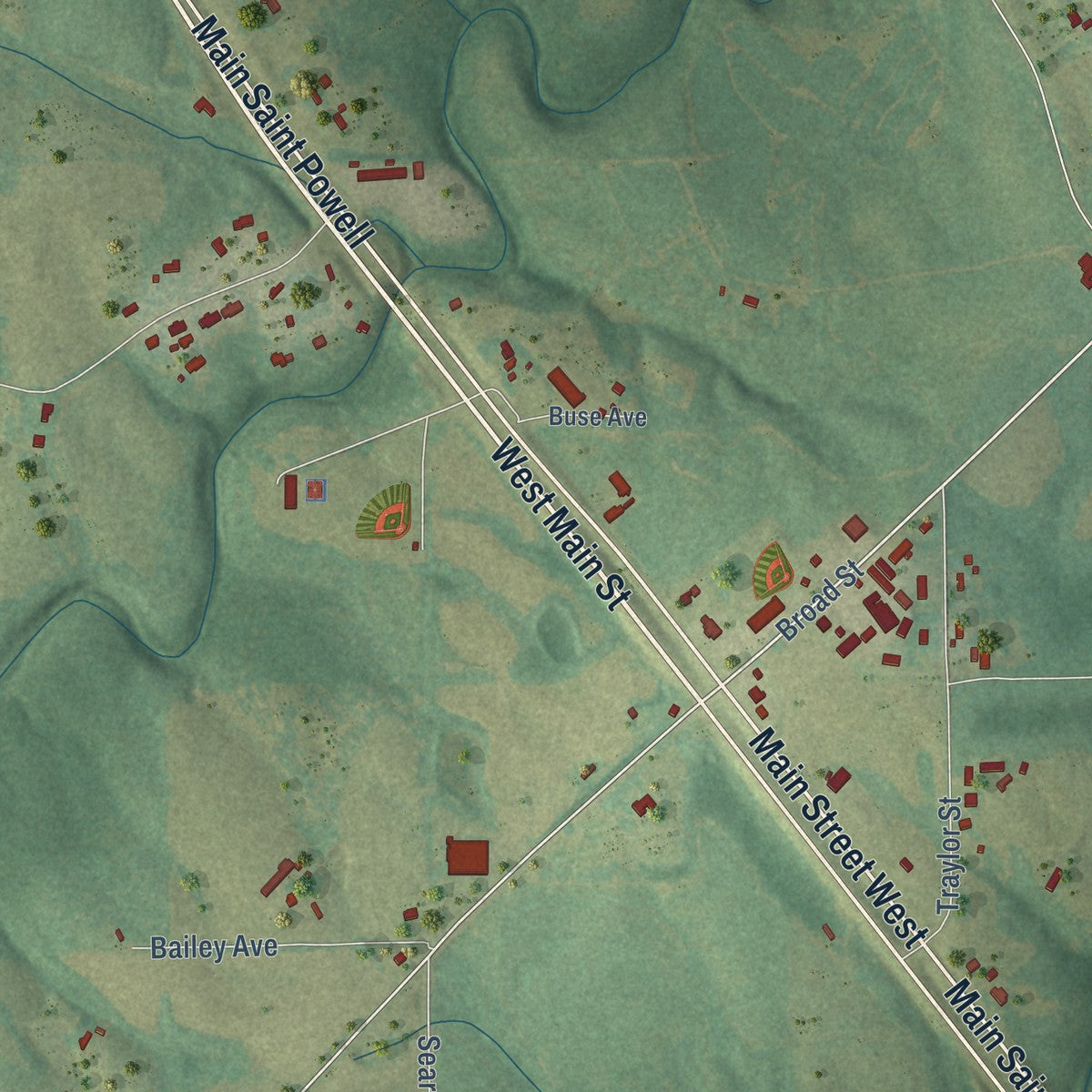 Close-up of the map of Powell, Alabama print showing street and building detail