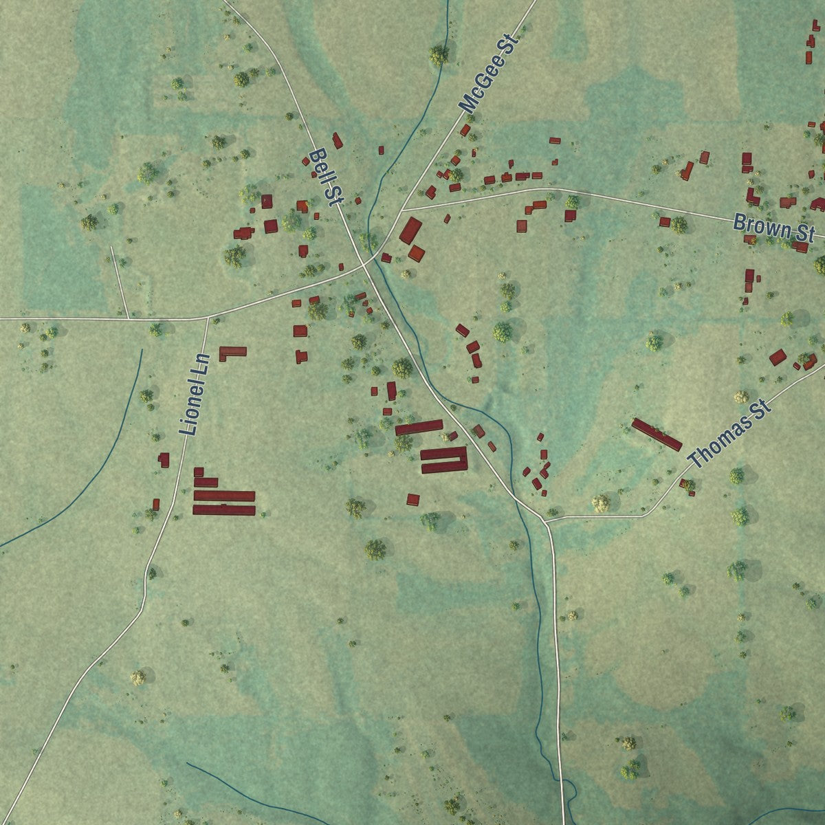 Second close-up of the map of Powell, Alabama print showing more streets and buildings