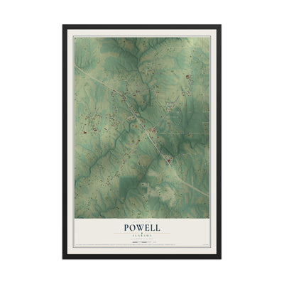 Map of Powell, Alabama, 12 x 18 inch print in a black wood frame
