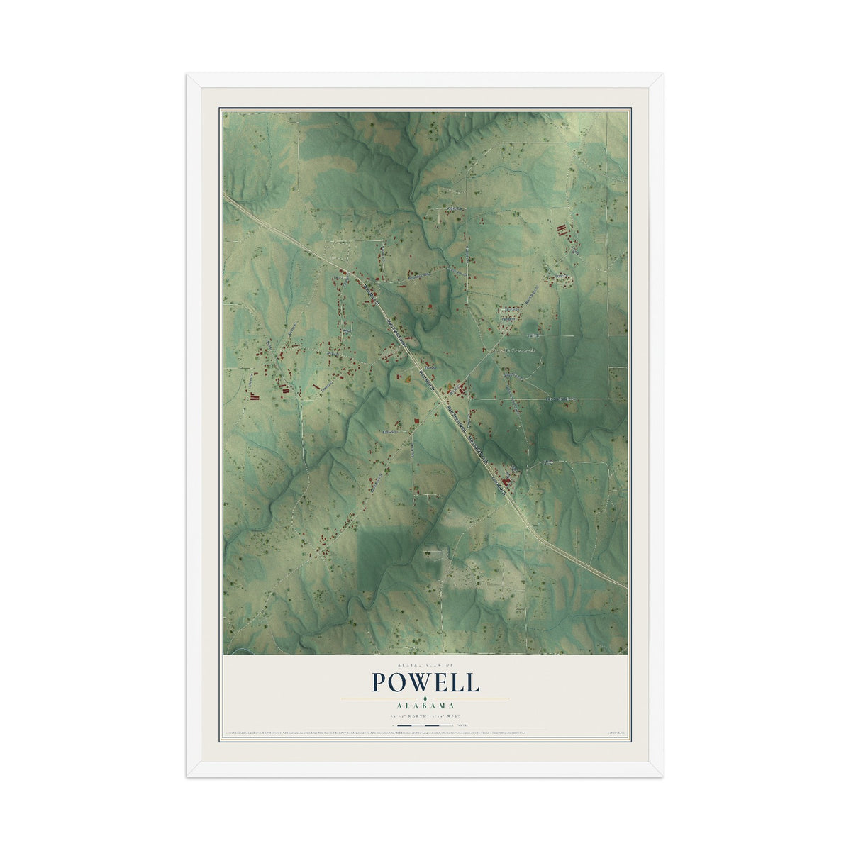 Map of Powell, Alabama, 12 x 18 inch print in a white wood frame