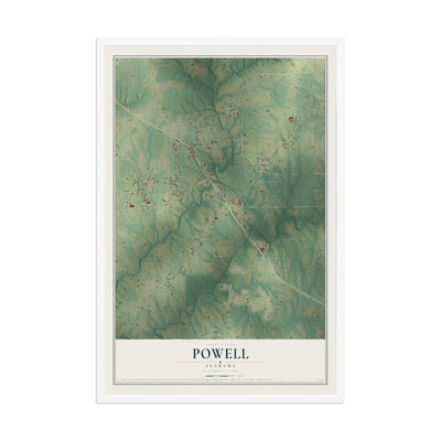 Map of Powell, Alabama, 12 x 18 inch print in a white wood frame