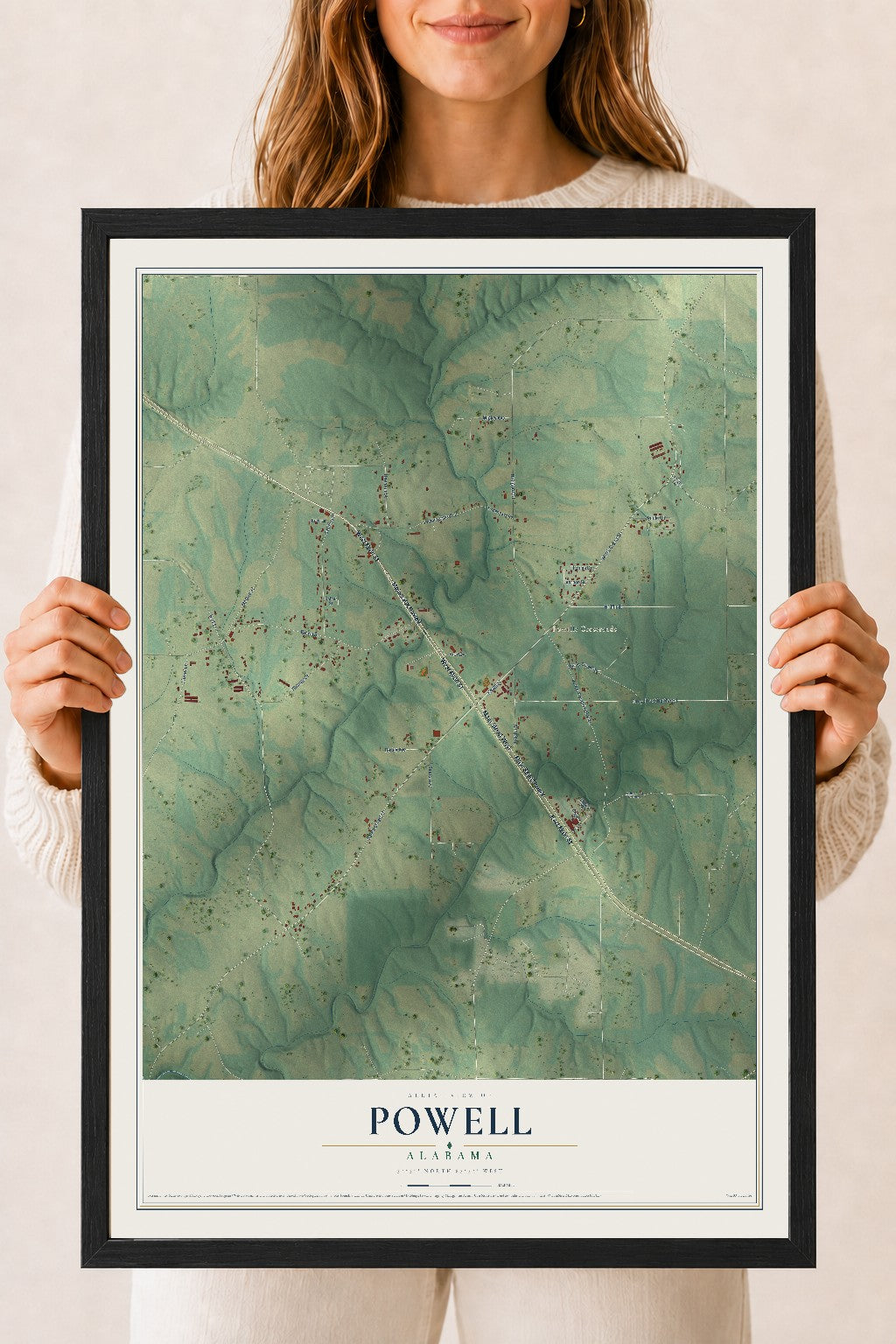 Map of Powell, Alabama, 18 x 24 inch print in a black wood frame