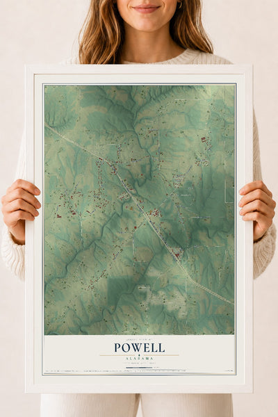 Map of Powell, Alabama, 18 x 24 inch print in a white wood frame