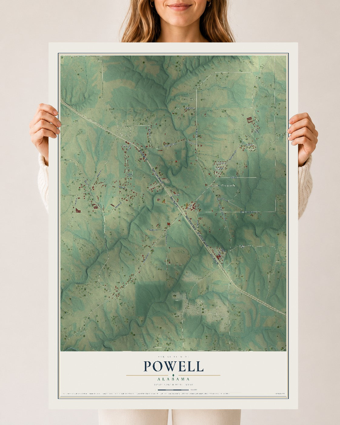 Map of Powell, Alabama, 24 x 36 inch unframed archival matte print