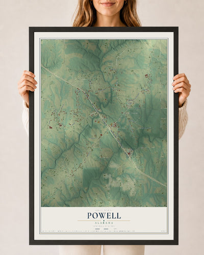 Map of Powell, Alabama, 24 x 36 inch print in a black wood frame