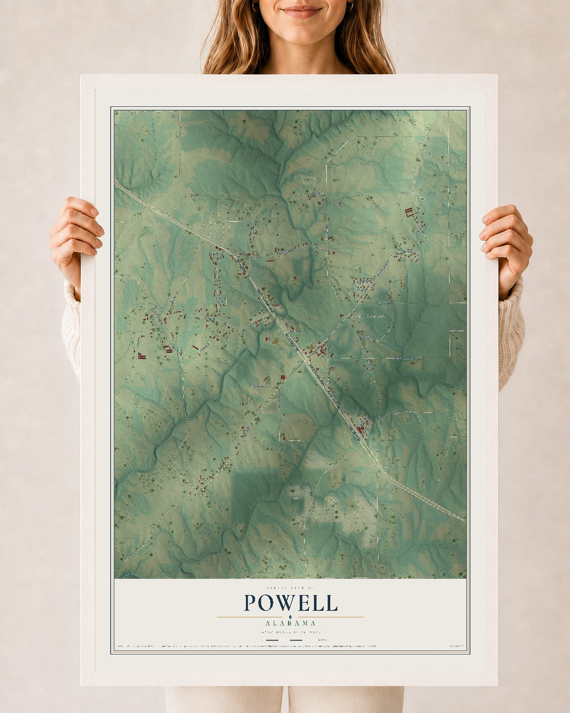 Map of Powell, Alabama, 24 x 36 inch print in a white wood frame