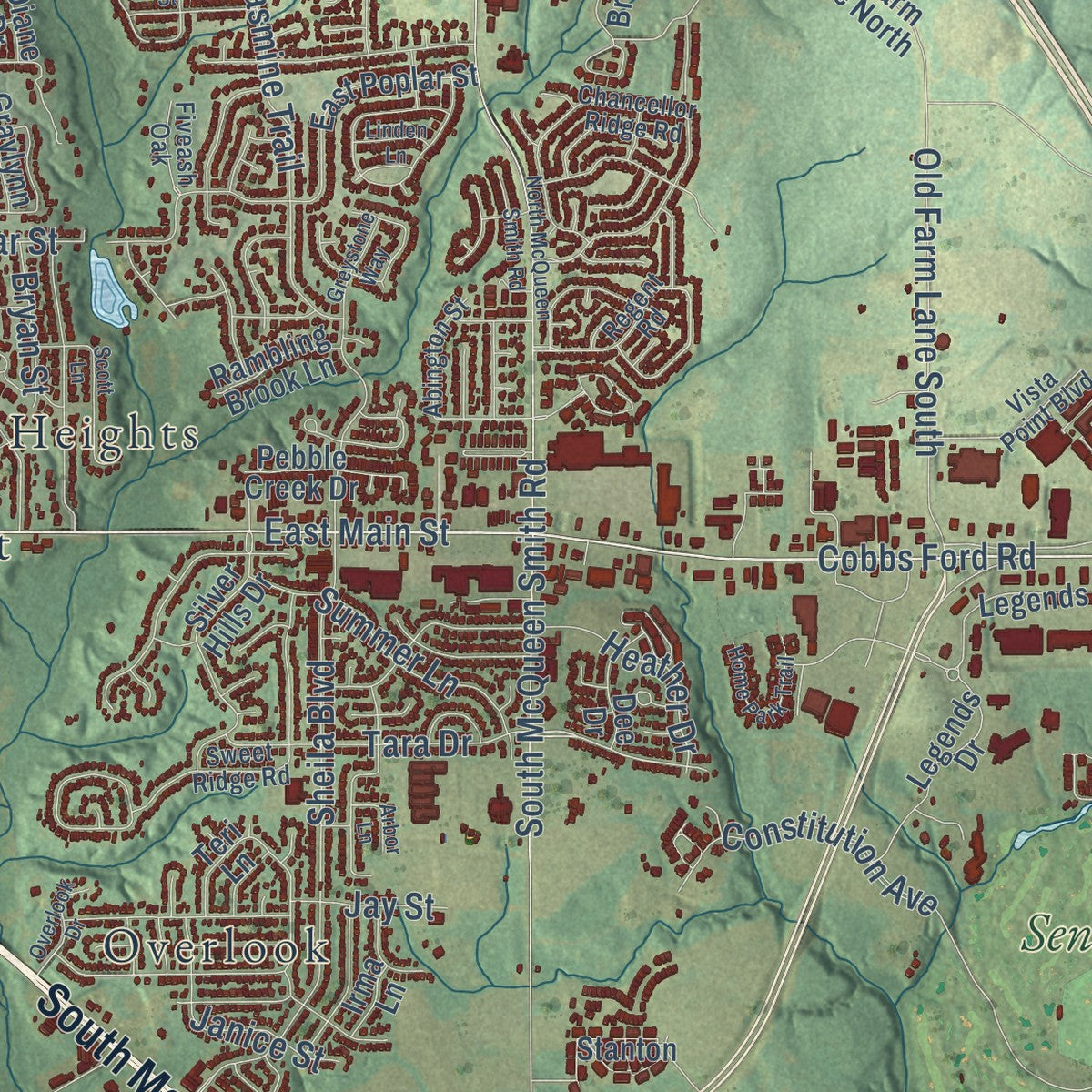 Close-up of the map of Prattville, Alabama print showing street and building detail