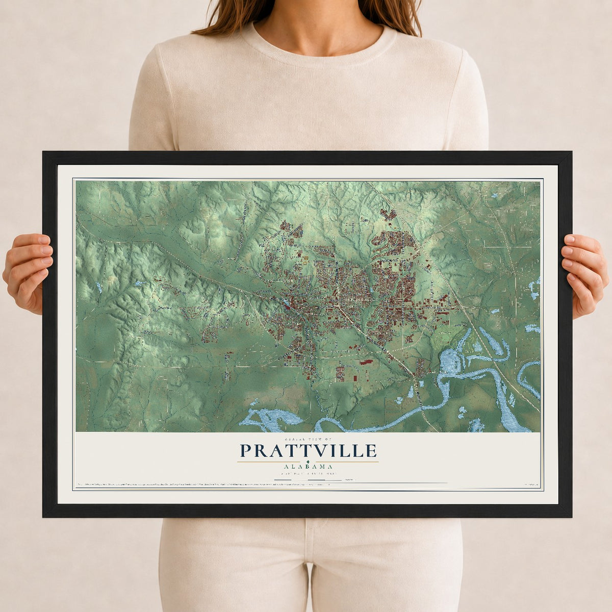Map of Prattville, Alabama, 12 x 18 inch print in a black wood frame