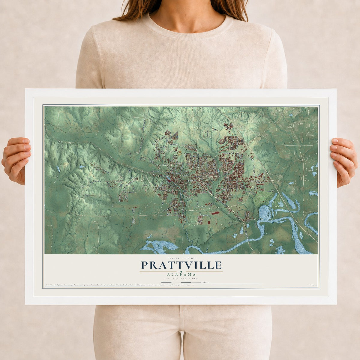 Map of Prattville, Alabama, 12 x 18 inch print in a white wood frame