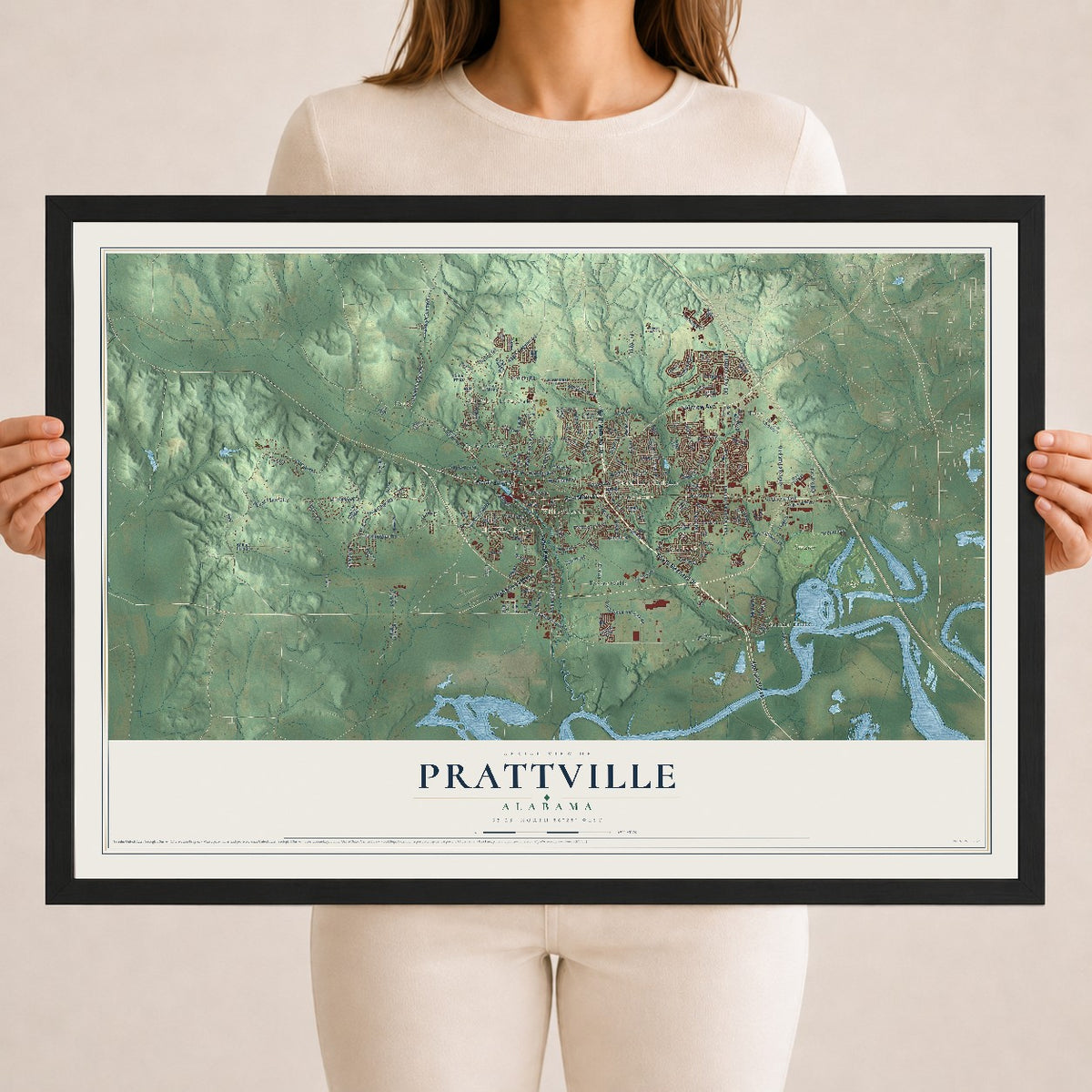 Map of Prattville, Alabama, 18 x 24 inch print in a black wood frame