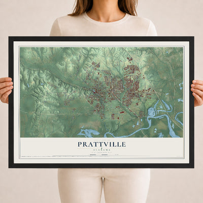 Map of Prattville, Alabama, 18 x 24 inch print in a black wood frame