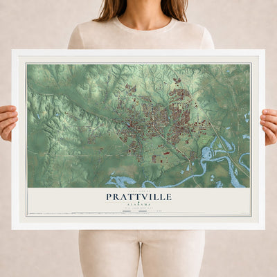Map of Prattville, Alabama, 18 x 24 inch print in a white wood frame