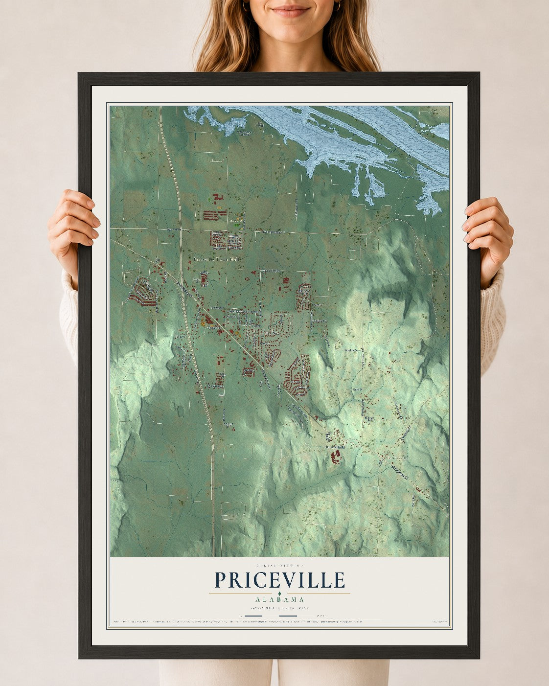 Map of Priceville, Alabama, 24 x 36 inch print in a black wood frame