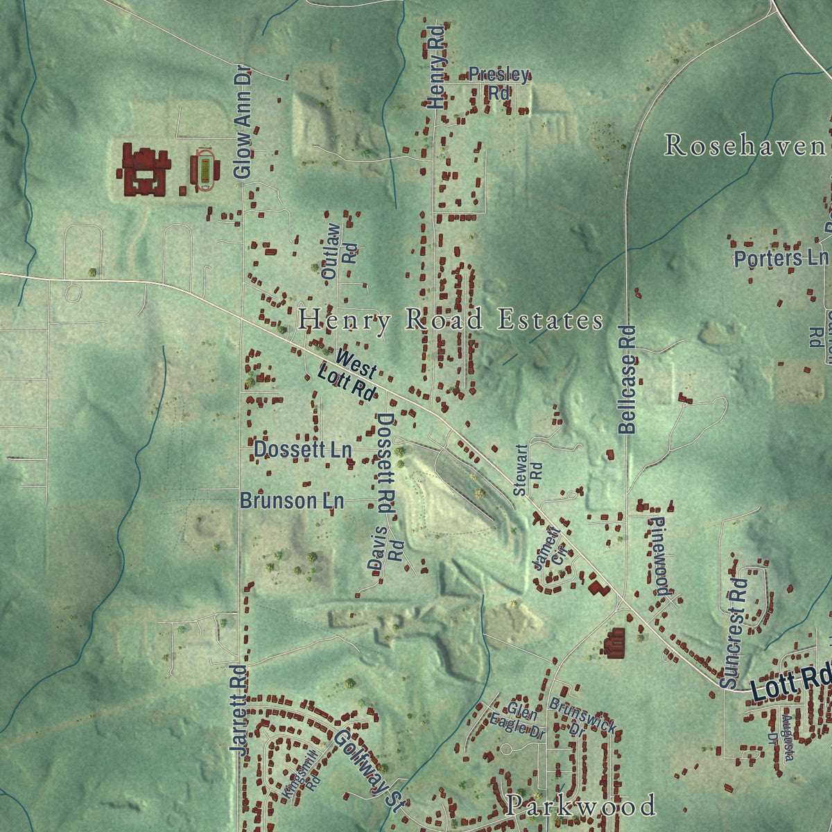 Second close-up of the map of Prichard, Alabama print showing more streets and buildings