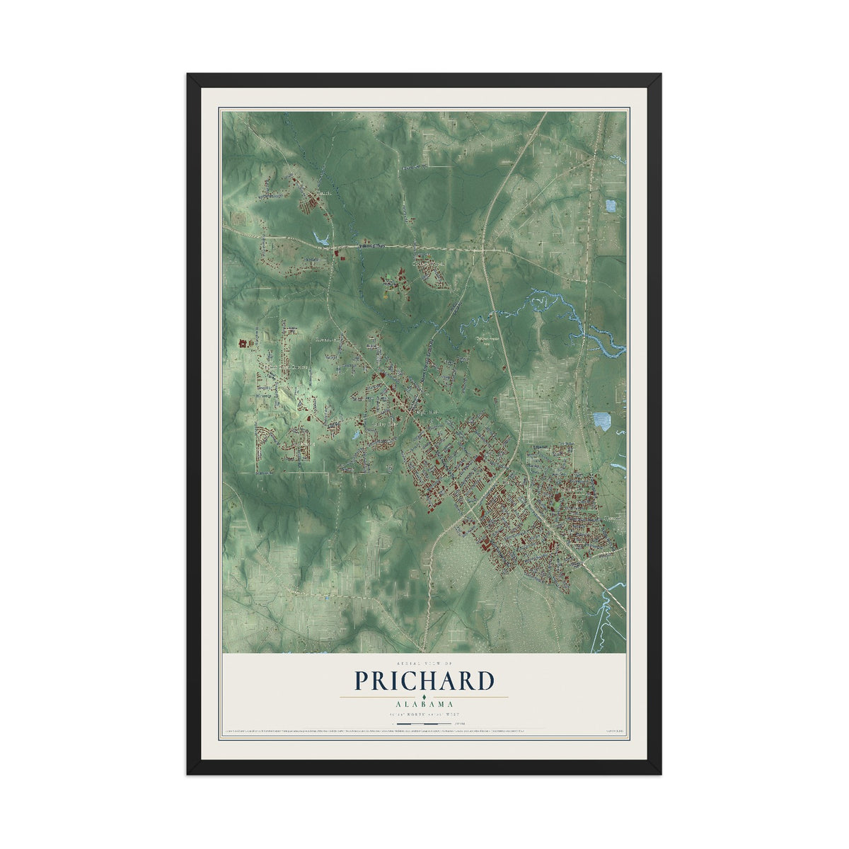 Map of Prichard, Alabama, 12 x 18 inch print in a black wood frame