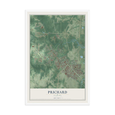 Map of Prichard, Alabama, 12 x 18 inch print in a white wood frame