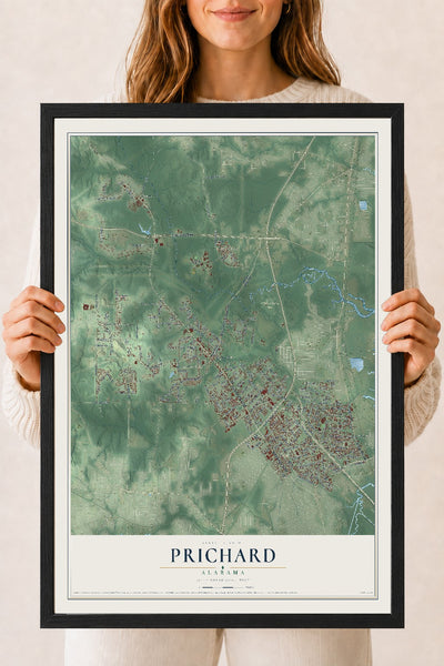 Map of Prichard, Alabama, 18 x 24 inch print in a black wood frame