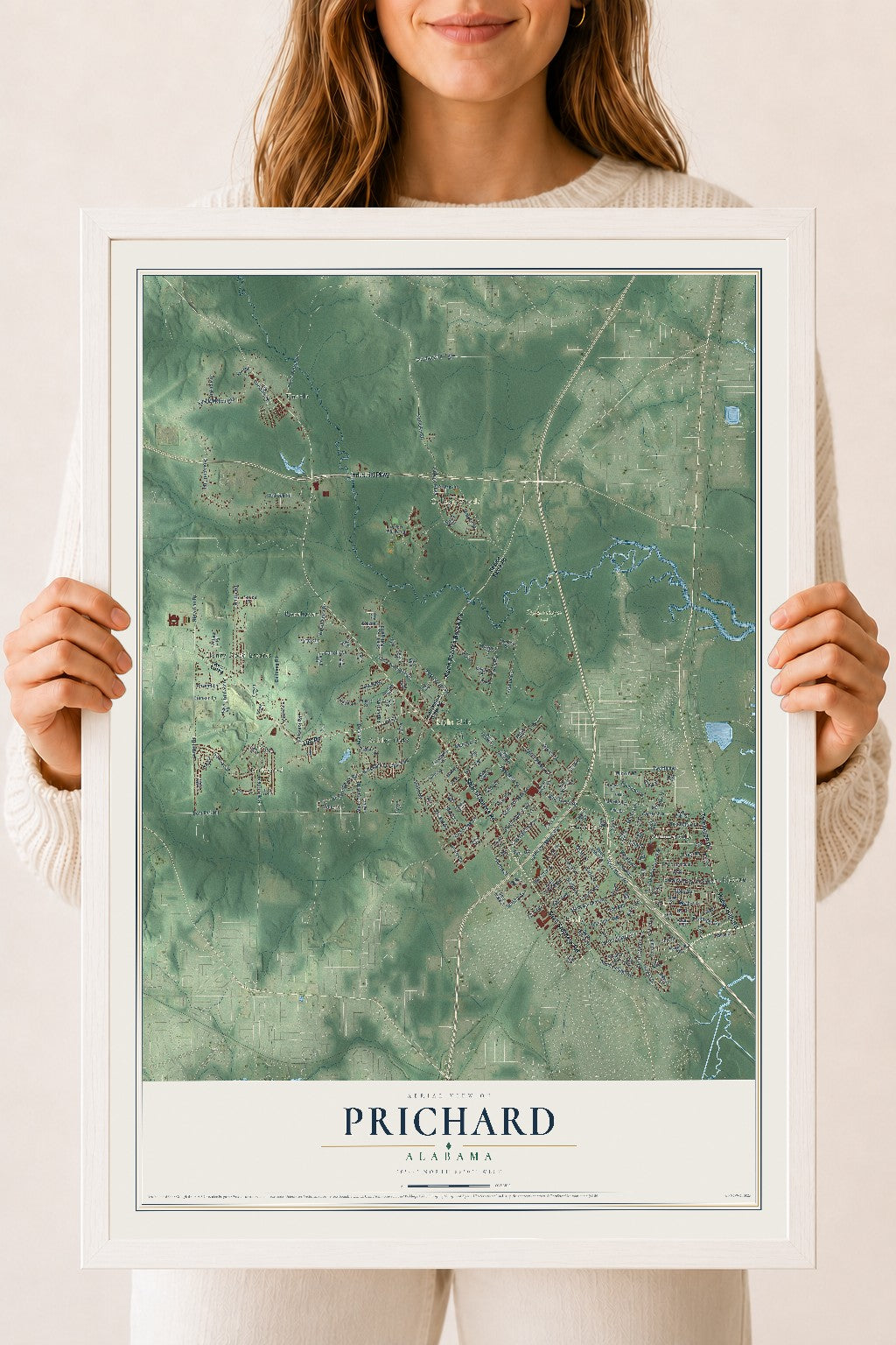 Map of Prichard, Alabama, 18 x 24 inch print in a white wood frame
