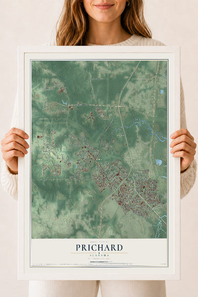 Map of Prichard, Alabama, 18 x 24 inch print in a white wood frame