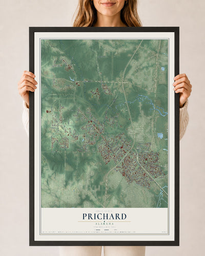 Map of Prichard, Alabama, 24 x 36 inch print in a black wood frame