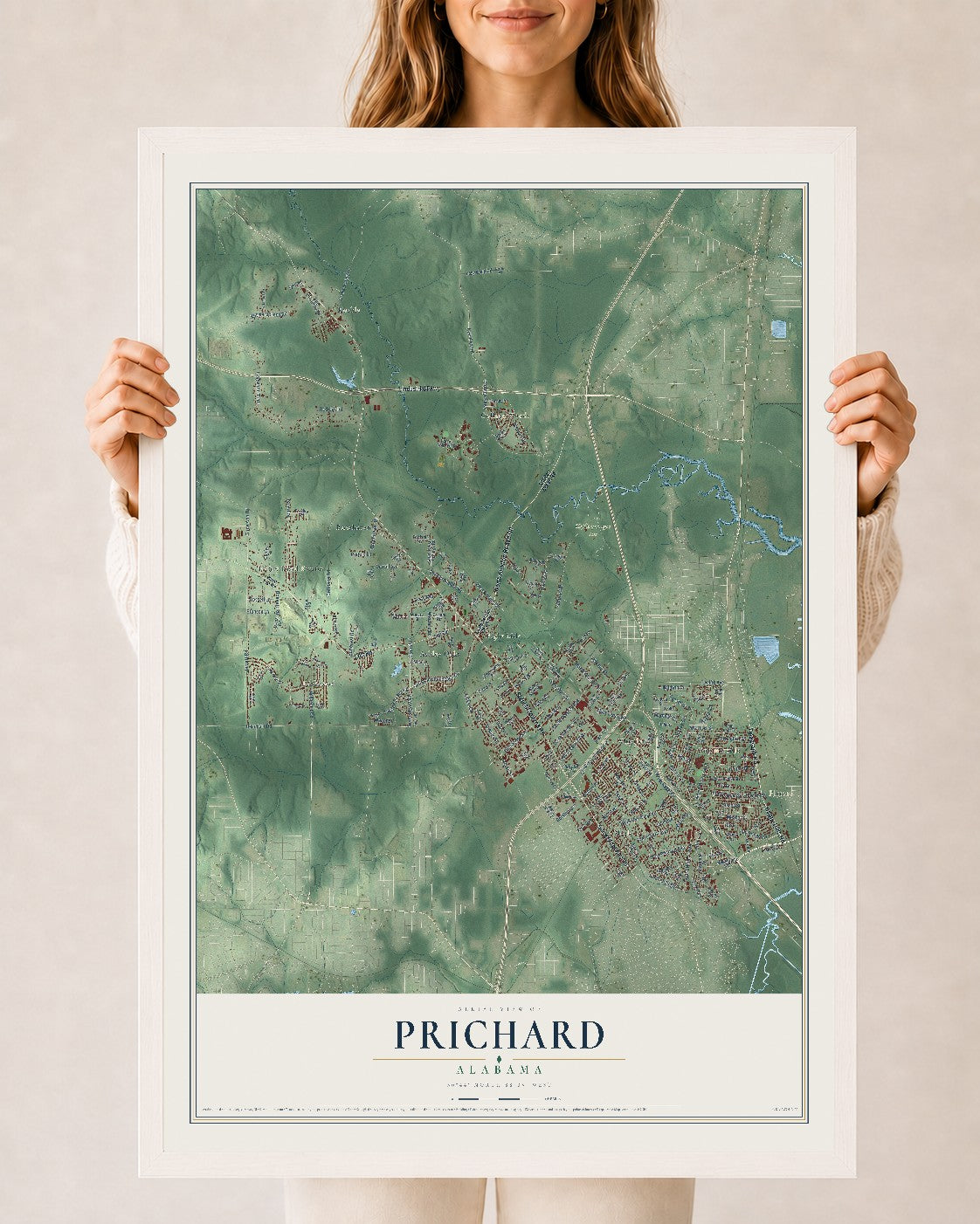 Map of Prichard, Alabama, 24 x 36 inch print in a white wood frame