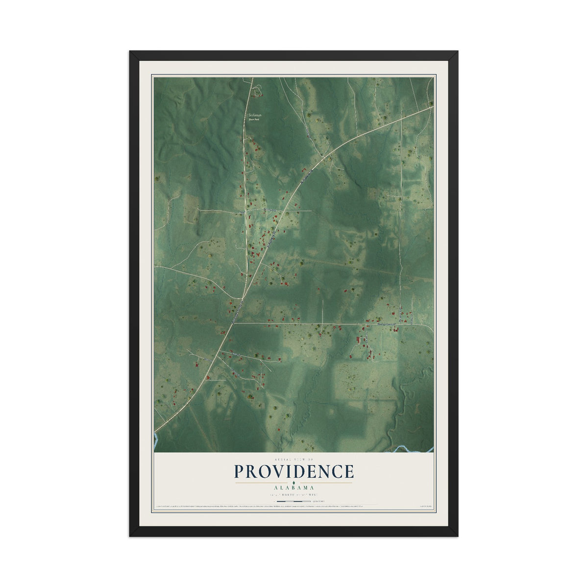 Map of Providence, Alabama, 12 x 18 inch print in a black wood frame