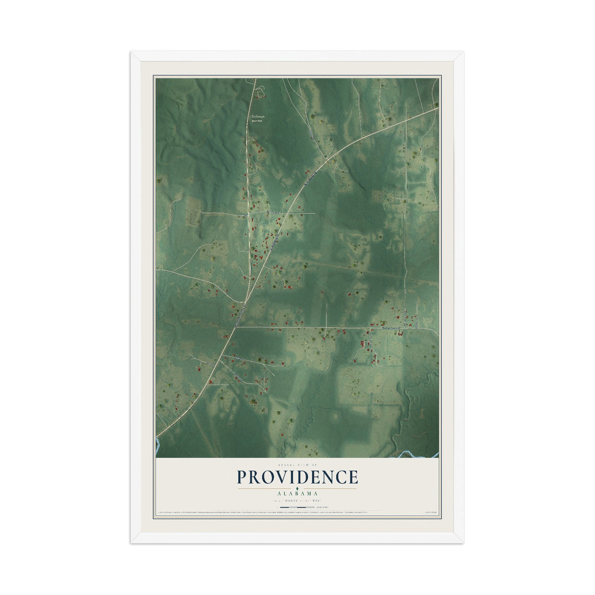 Map of Providence, Alabama, 12 x 18 inch print in a white wood frame
