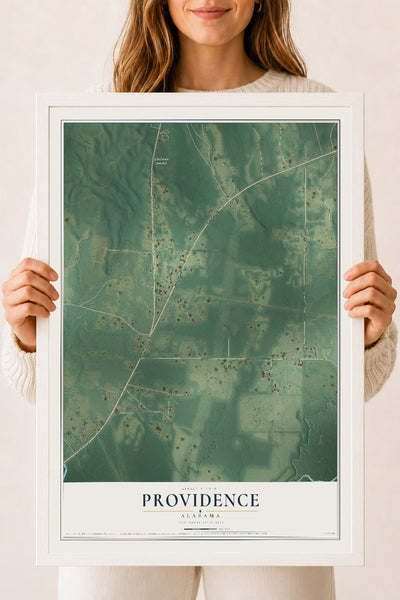 Map of Providence, Alabama, 18 x 24 inch print in a white wood frame