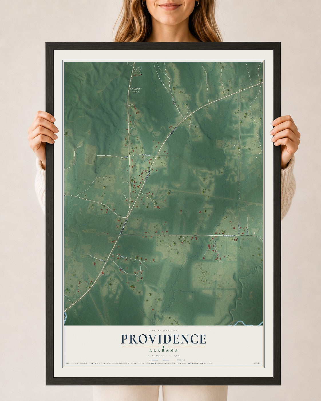 Map of Providence, Alabama, 24 x 36 inch print in a black wood frame