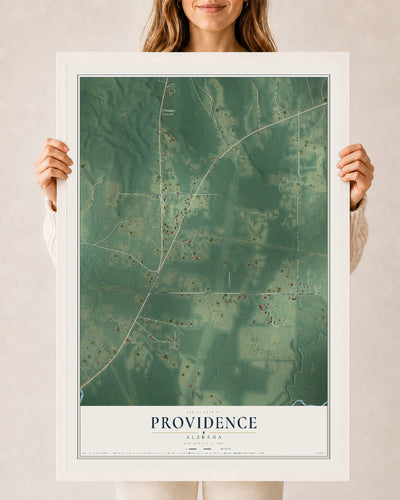 Map of Providence, Alabama, 24 x 36 inch print in a white wood frame