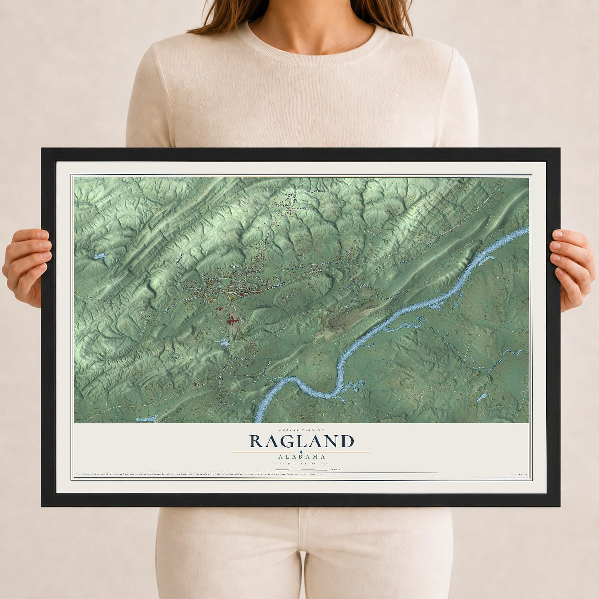 Map of Ragland, Alabama, 12 x 18 inch print in a black wood frame