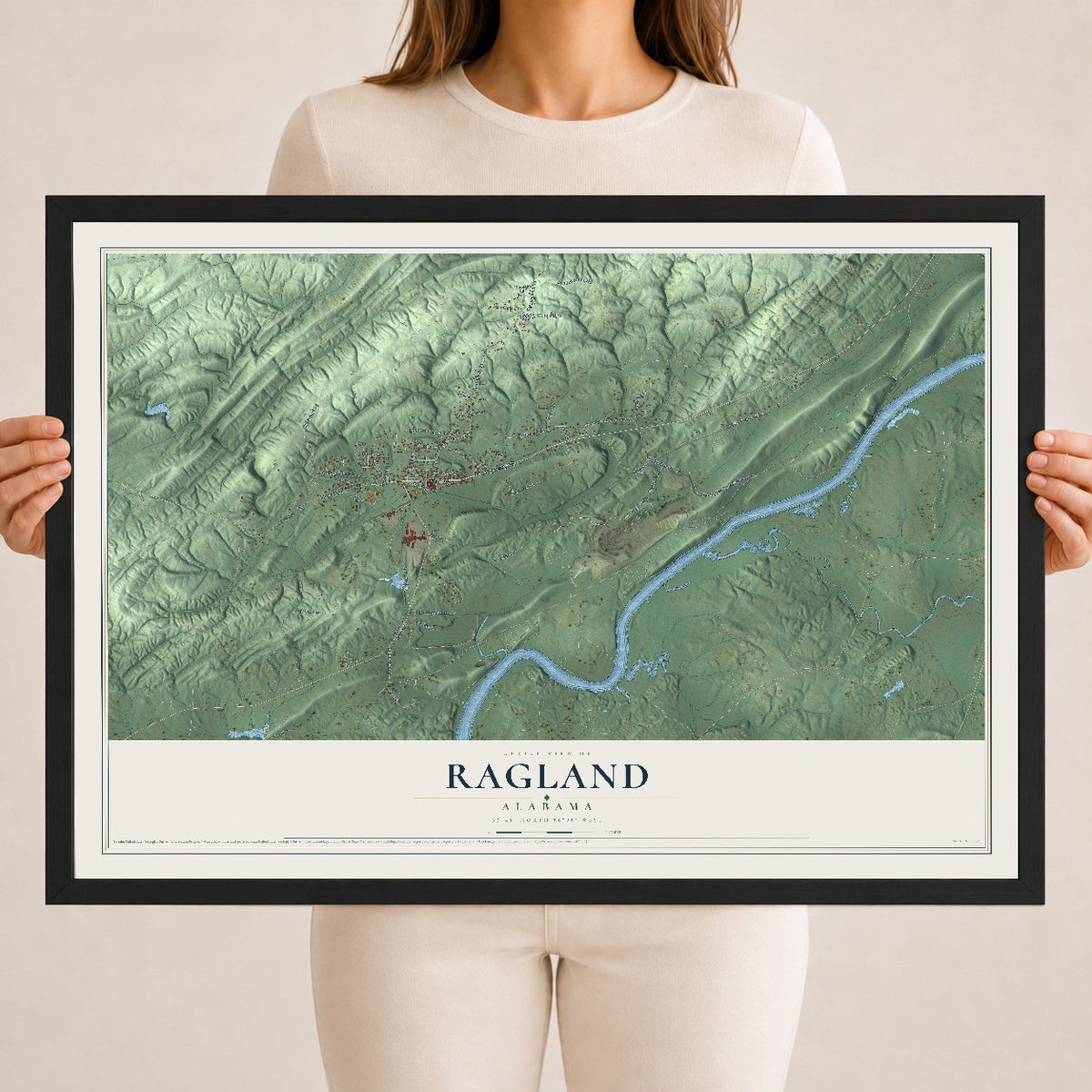 Map of Ragland, Alabama, 18 x 24 inch print in a black wood frame