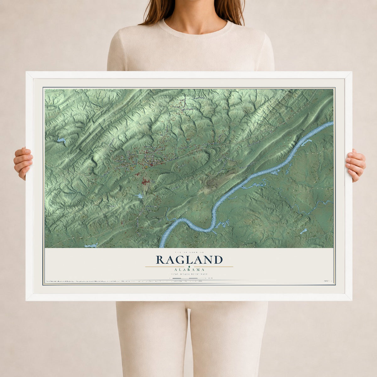 Map of Ragland, Alabama, 24 x 36 inch print in a white wood frame