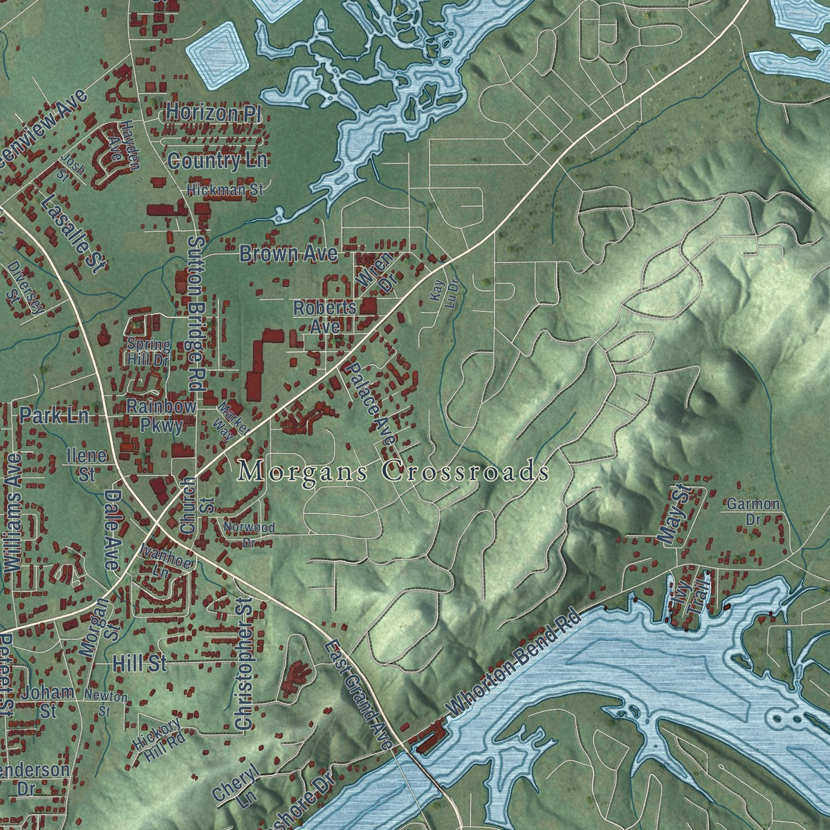 Close-up of the map of Rainbow City, Alabama print showing street and building detail