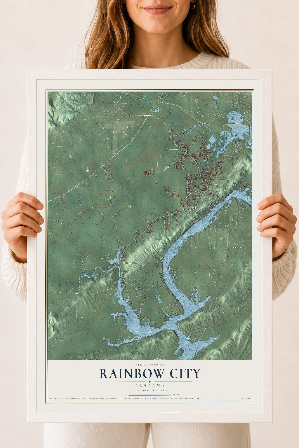 Map of Rainbow City, Alabama, 18 x 24 inch print in a white wood frame