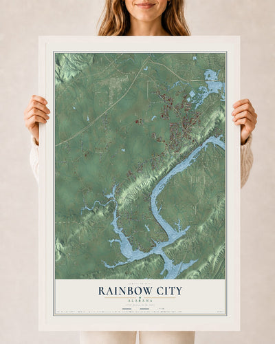 Map of Rainbow City, Alabama, 24 x 36 inch print in a white wood frame