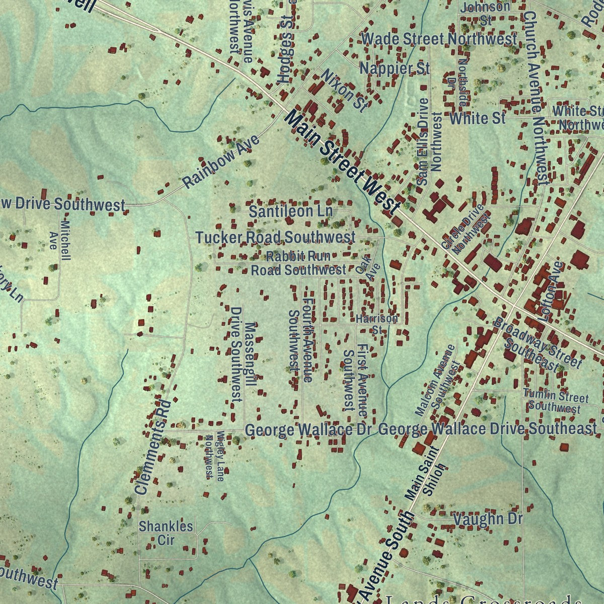 Close-up of the map of Rainsville, Alabama print showing street and building detail