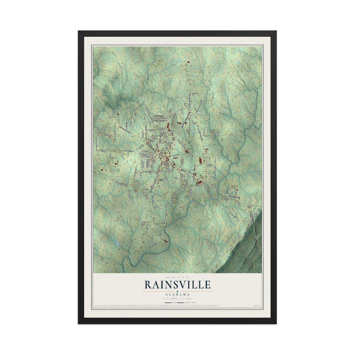 Map of Rainsville, Alabama, 12 x 18 inch print in a black wood frame