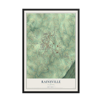 Map of Rainsville, Alabama, 12 x 18 inch print in a black wood frame