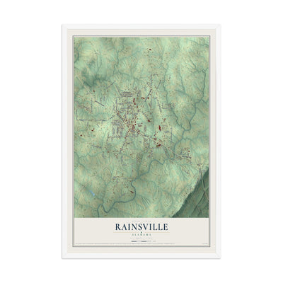 Map of Rainsville, Alabama, 12 x 18 inch print in a white wood frame
