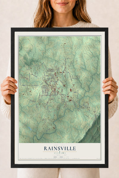 Map of Rainsville, Alabama, 18 x 24 inch print in a black wood frame