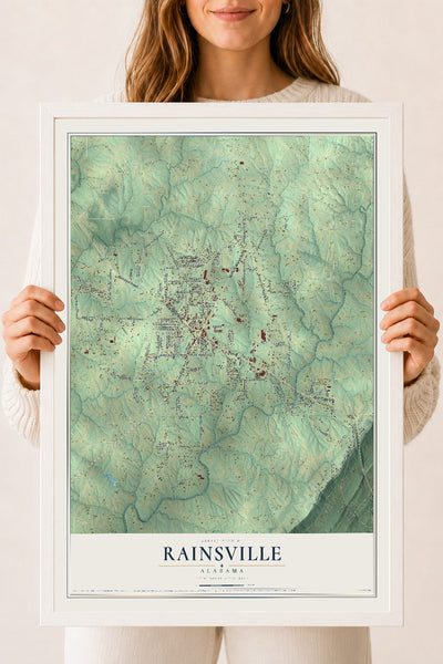 Map of Rainsville, Alabama, 18 x 24 inch print in a white wood frame