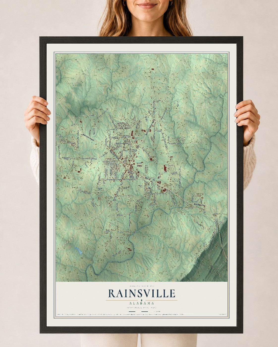 Map of Rainsville, Alabama, 24 x 36 inch print in a black wood frame