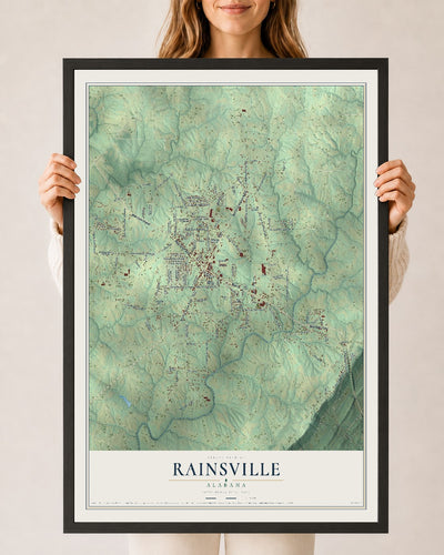 Map of Rainsville, Alabama, 24 x 36 inch print in a black wood frame