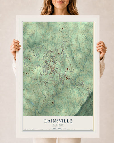 Map of Rainsville, Alabama, 24 x 36 inch print in a white wood frame
