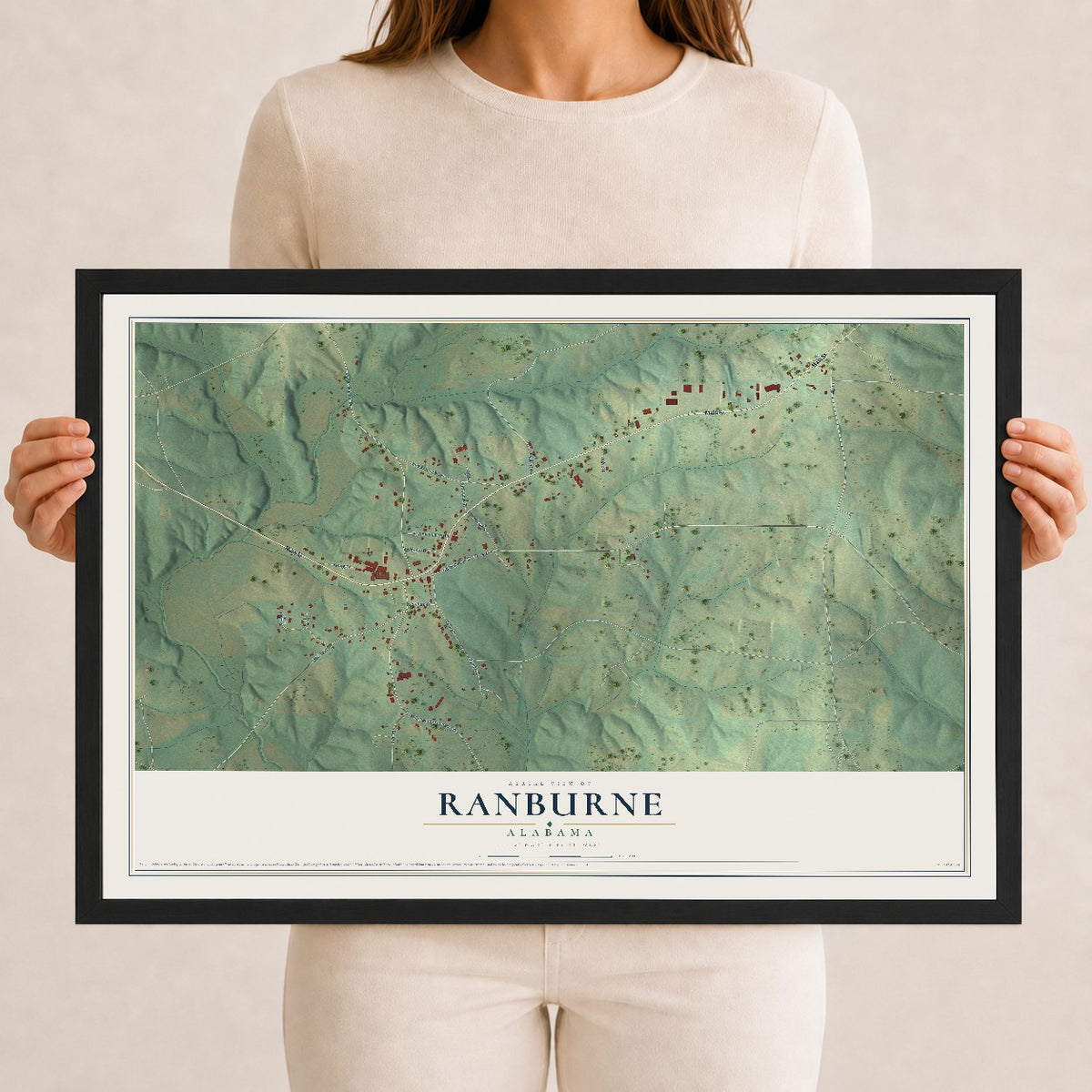 Map of Ranburne, Alabama, 12 x 18 inch print in a black wood frame