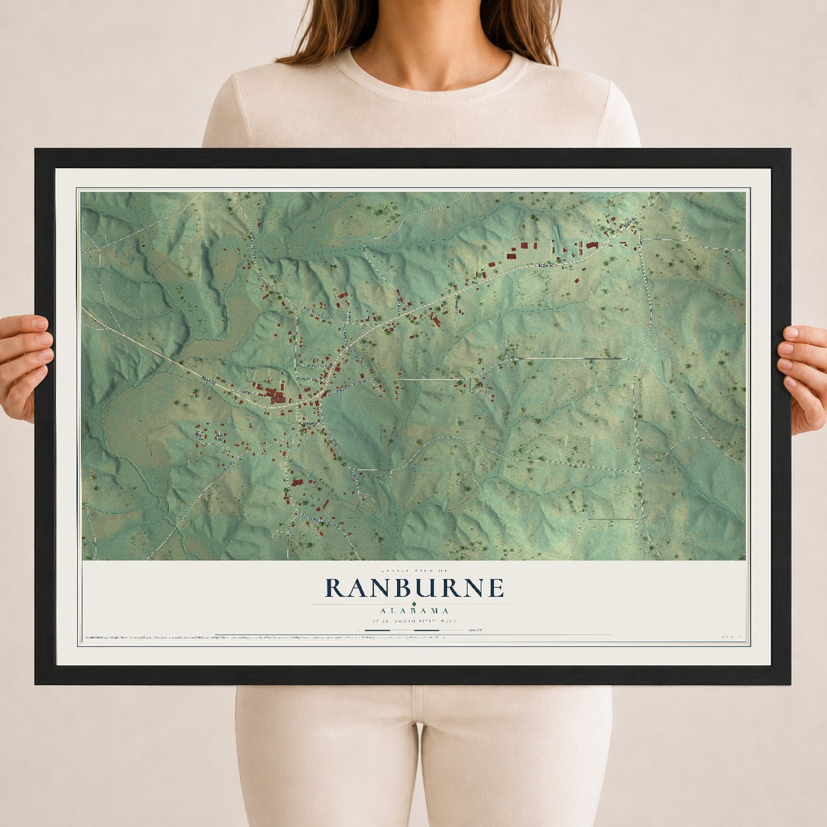 Map of Ranburne, Alabama, 18 x 24 inch print in a black wood frame