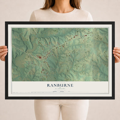 Map of Ranburne, Alabama, 18 x 24 inch print in a black wood frame